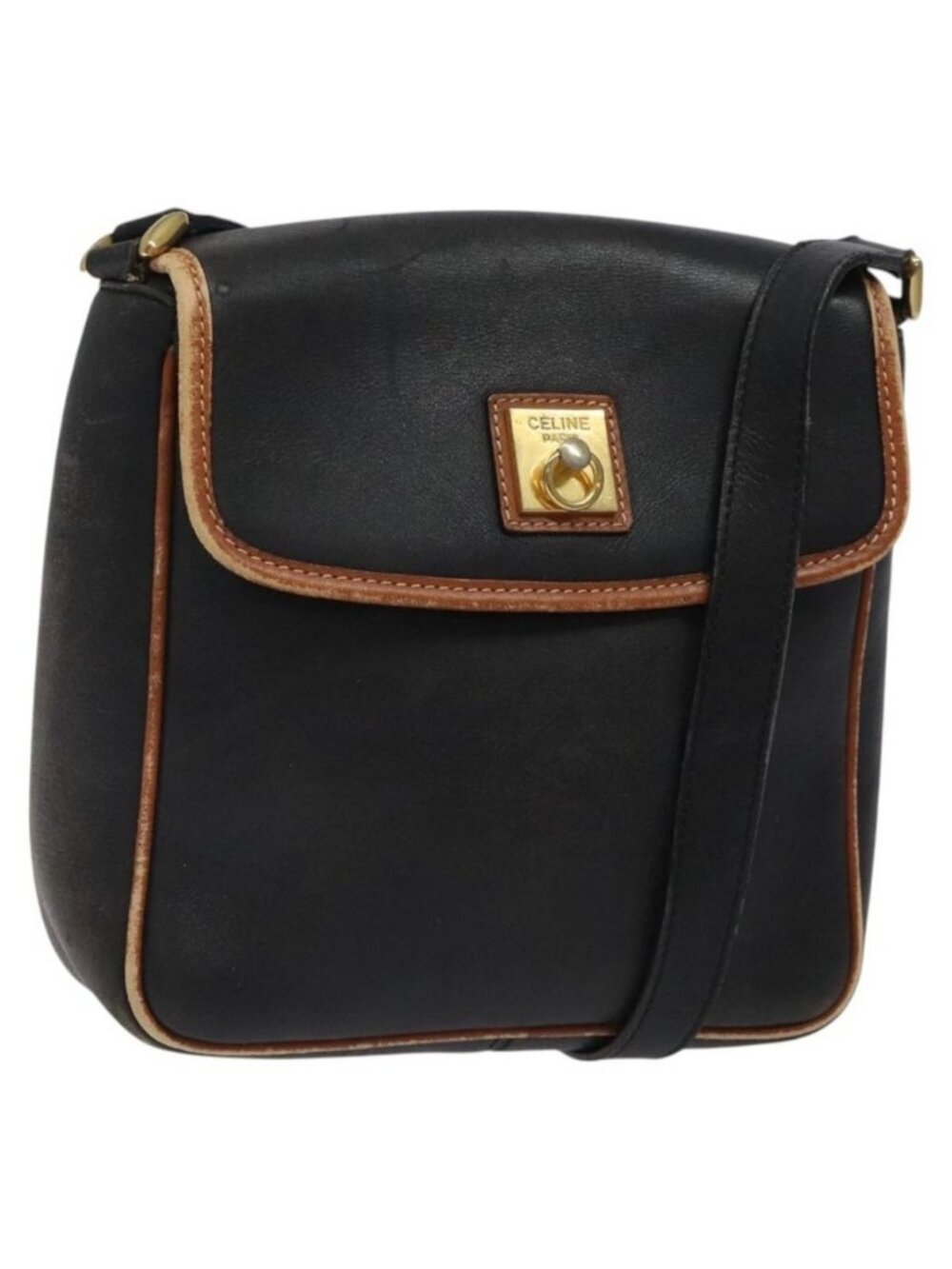 Authentic CELINE Shoulder Bag Leather Black Gold